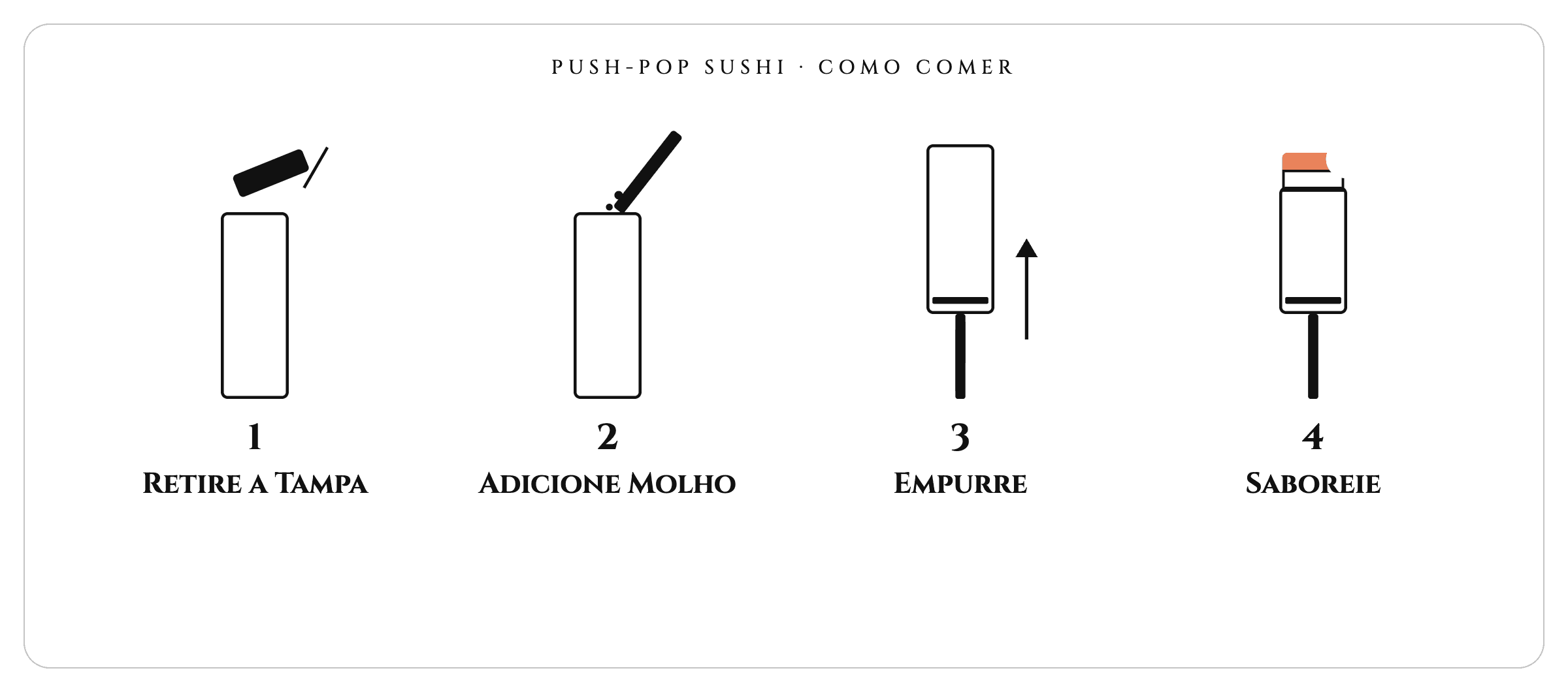 Push-Pop Sushi · Como comer: 1 Retire a tampa, 2 Adicione molho, 3 Empurre, 4 Saboreie